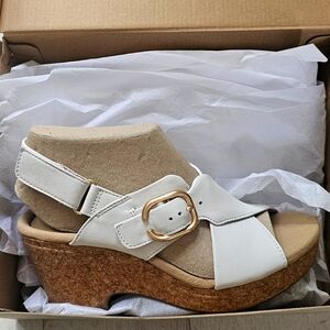 Clarks White Cork Wedge Sandals with Buckle